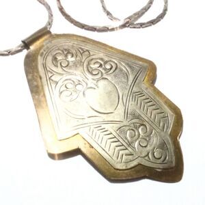 Vintage Boho Ethnic Inspired Hand Embossed Silver Brass Tone Pendant Necklace